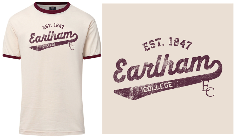 The Earlham Ringer Tee features a cream body with maroon collar and cuffs. The front displays “EST. 1847 Earlham College EC” in vintage script, and a close-up shows the distressed maroon lettering and detailed design accents.
