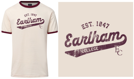 The Earlham Ringer Tee features a cream body with maroon collar and cuffs. The front displays “EST. 1847 Earlham College EC” in vintage script, and a close-up shows the distressed maroon lettering and detailed design accents.