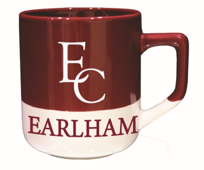 Red and white mug with 'Earlham' and 'EC' logo on a white background