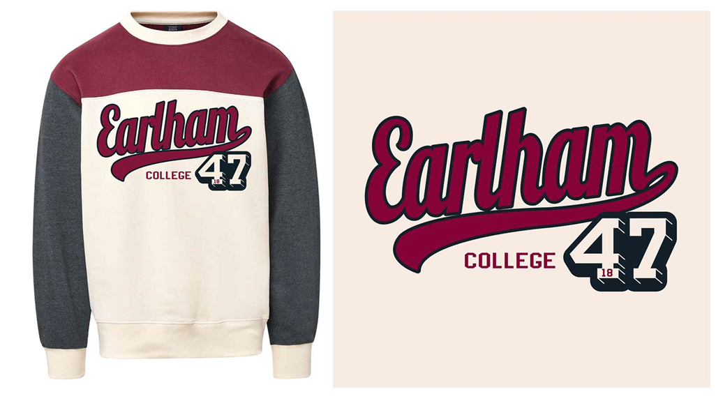 The Earlham '47 Crew is a sweatshirt with cream, burgundy, and dark gray color blocks, featuring "Earlham" in large cursive letters, "COLLEGE," and the number 47 printed on the front.