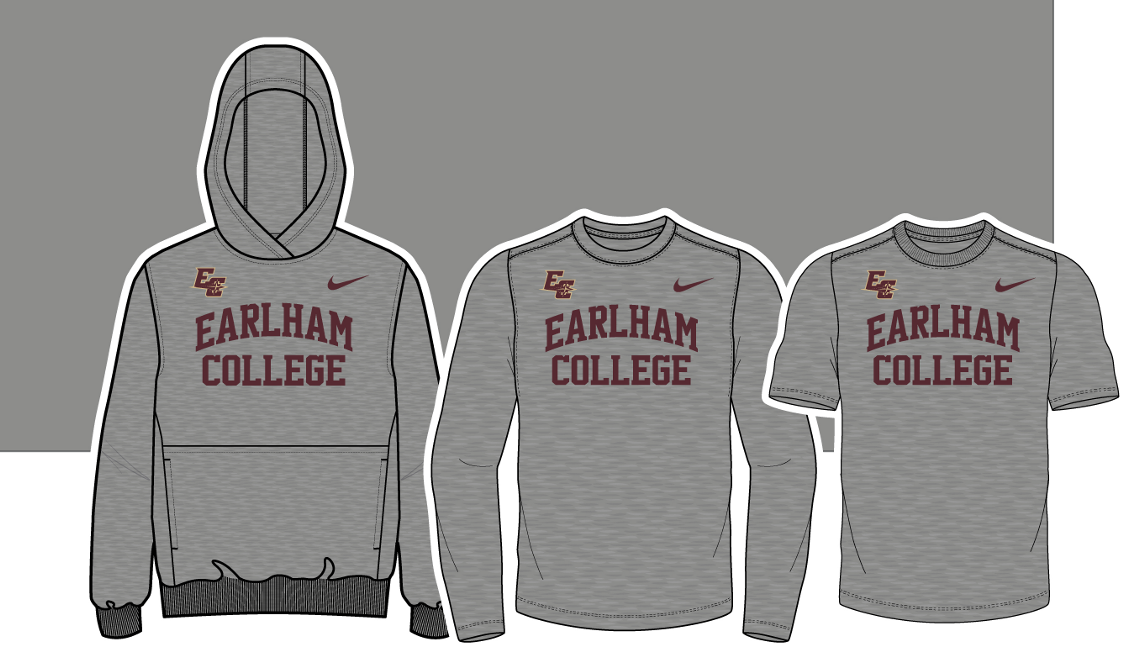 Three gray Nike Youth Cotton Tees for Earlham College, each featuring maroon lettering and a small Nike logo, displayed on a gray background.
