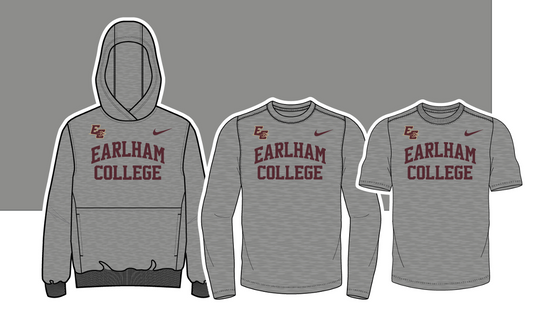 Three gray Nike Youth Cotton Tees for Earlham College, each featuring maroon lettering and a small Nike logo, displayed on a gray background.