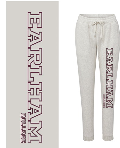 Vintage Fleece Sweatpants in light gray with "EARLHAM COLLEGE" printed vertically in large maroon outlined letters on the left leg. A closeup of the text design is shown to the left of the pants.