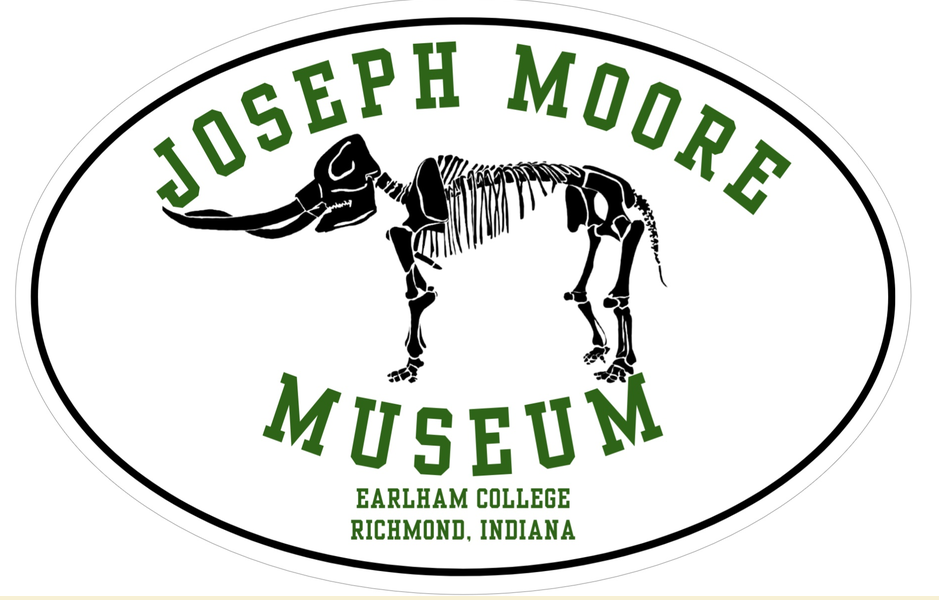 JMM Mastodon Oval Magnet: Features the Joseph Moore Museum's oval logo with the Randolph Mastodon skeleton and green text—JMM - Joseph Moore Museum, Earlham College, Richmond, Indiana. Perfect as a car magnet.