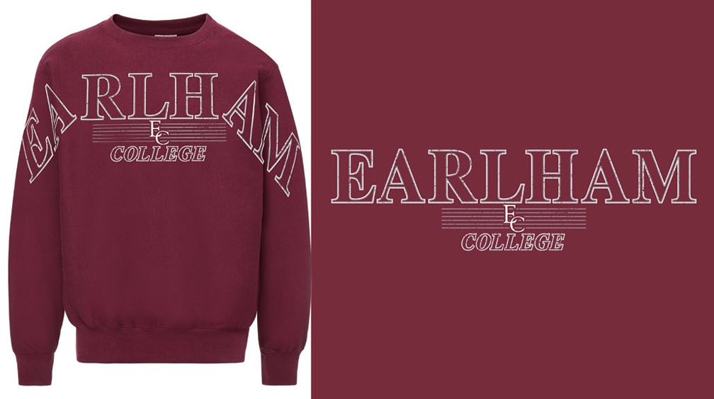 A maroon Big Earlham Crewneck featuring “EARLHAM” in large white letters across the chest with “EC COLLEGE” underneath, displayed next to a plain maroon background showcasing the same text.