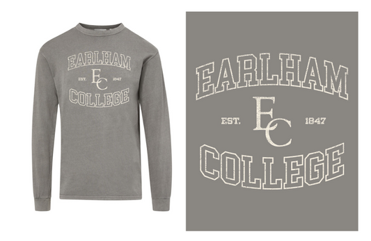 Grey Earlham Long Sleeve Tee featuring a vintage-style graphic that reads Earlham College with Est. 1847 and an EC monogram.