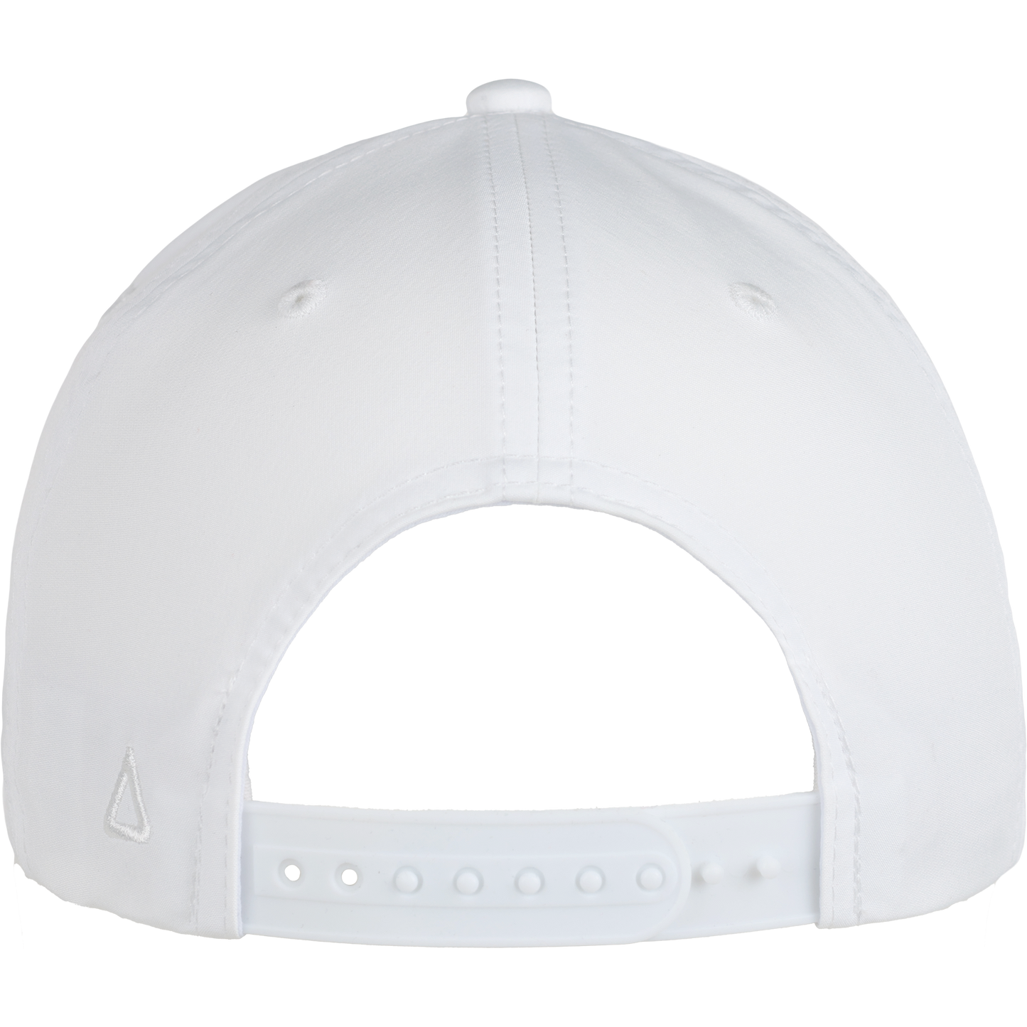 Back view of the EC Sideline Cap, featuring a plain white design with an adjustable plastic snapback closure and visible stitching.