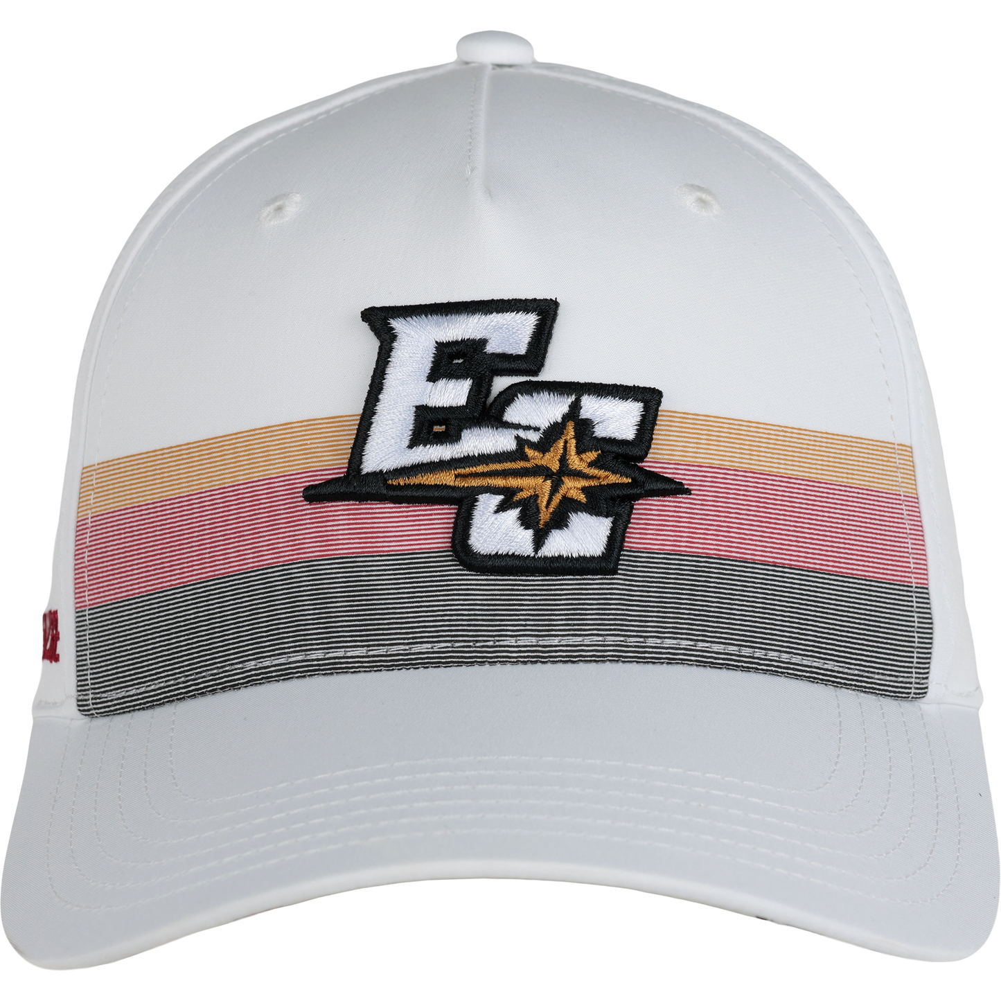 The EC Sideline Cap is a white baseball cap with horizontal pastel stripes and an embroidered E C logo featuring a starburst design on the front.