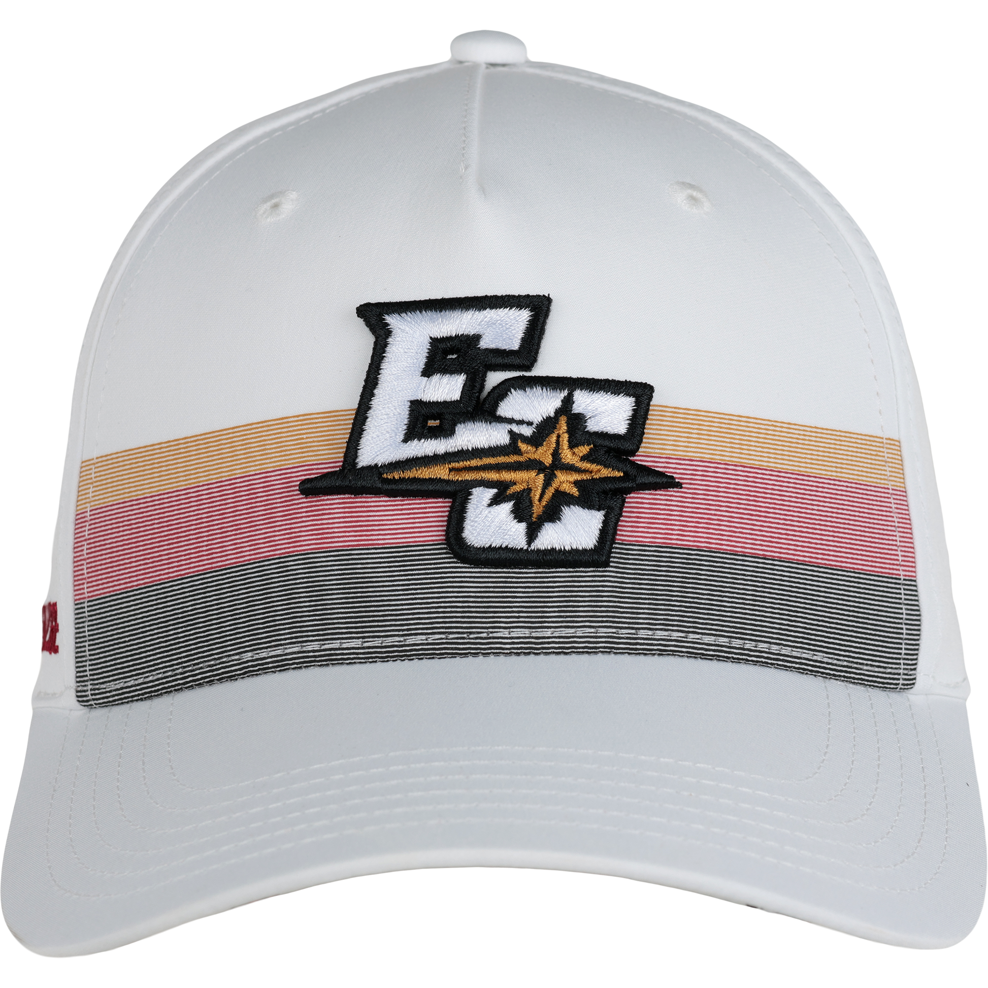 The EC Sideline Cap is a white baseball cap with horizontal pastel stripes and an embroidered E C logo featuring a starburst design on the front.