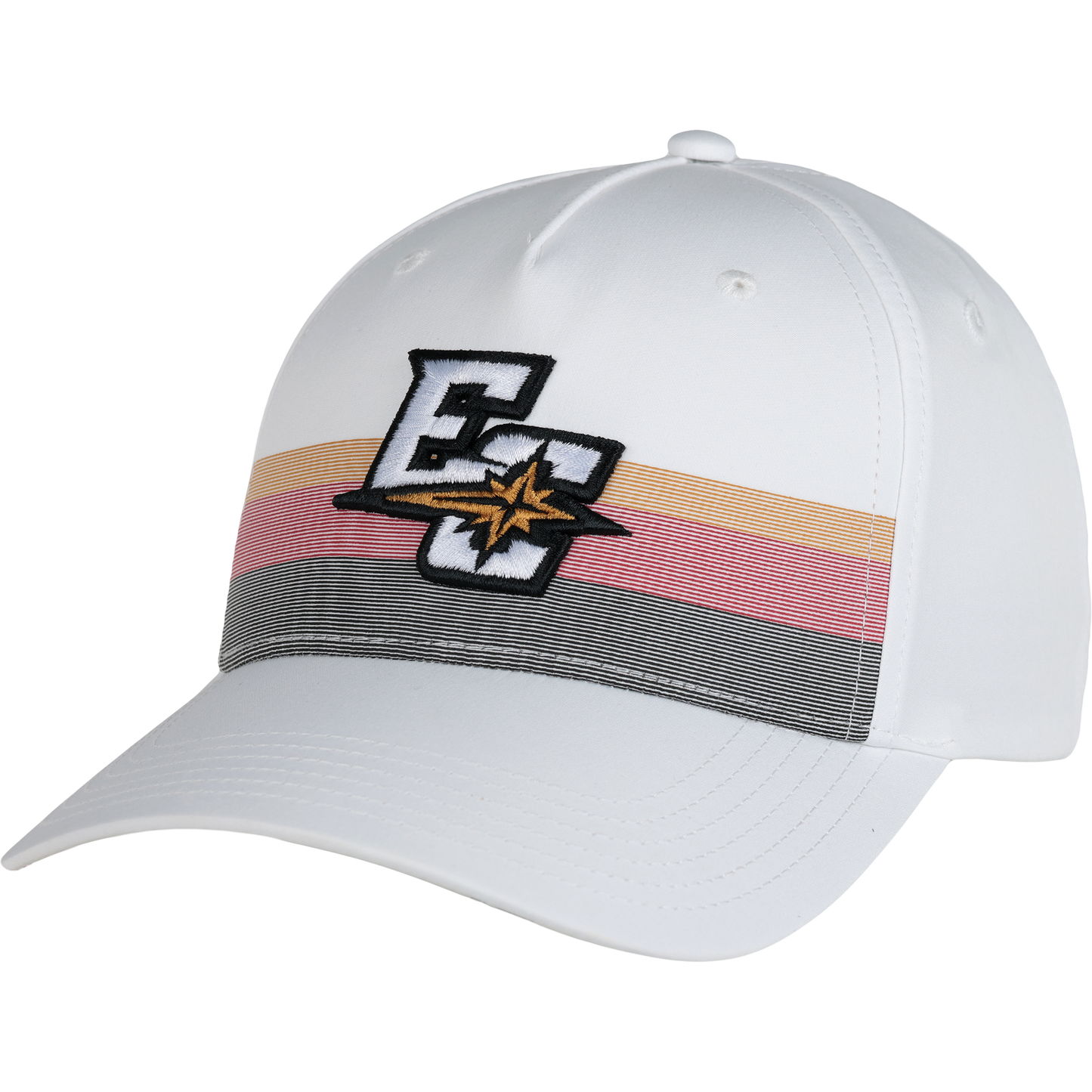 The EC Sideline Cap is a white baseball cap featuring the EC and star logo on the front, with horizontal stripes in pastel pink, orange, and gray across the front panel.