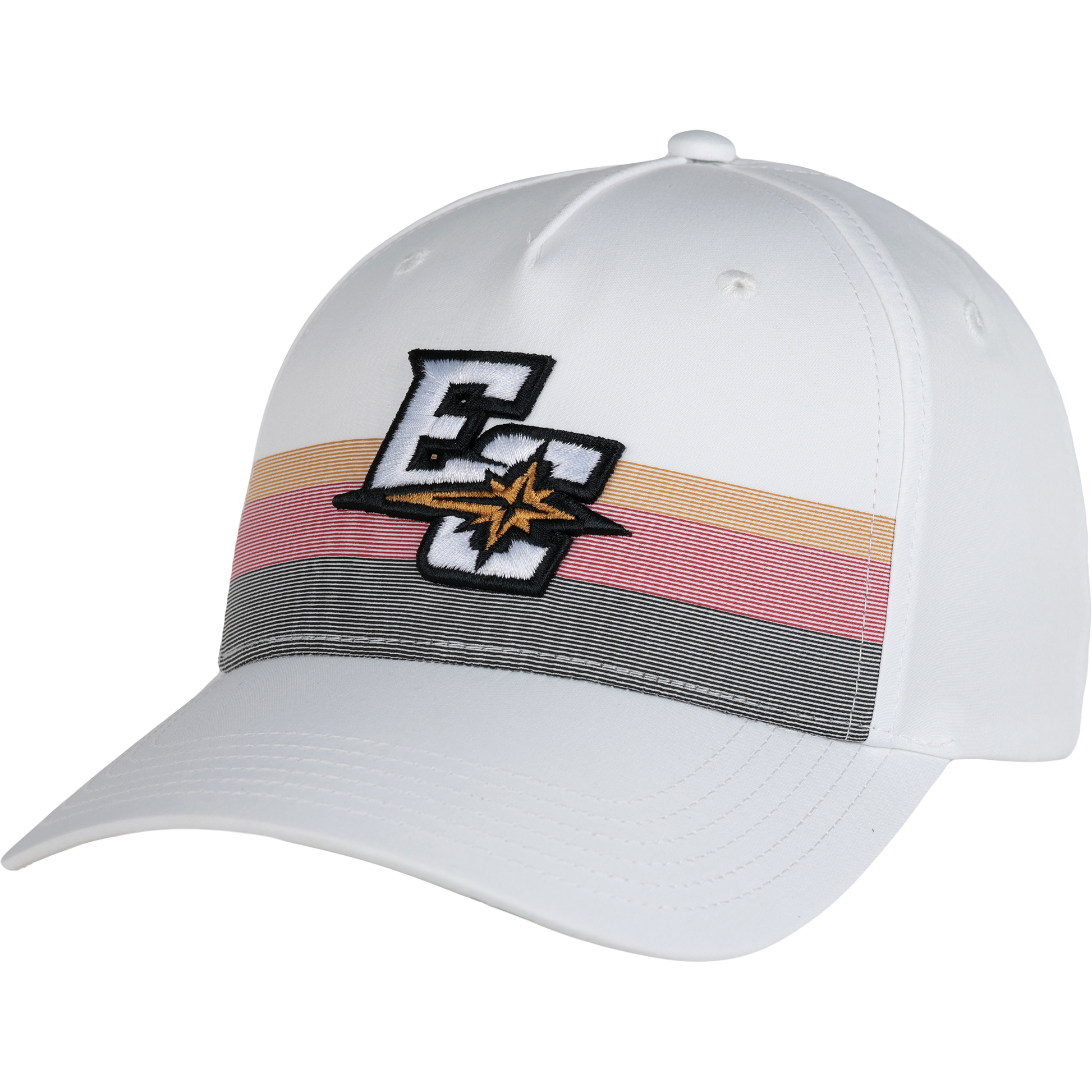 The EC Sideline Cap is a white baseball cap featuring the EC and star logo on the front, with horizontal stripes in pastel pink, orange, and gray across the front panel.
