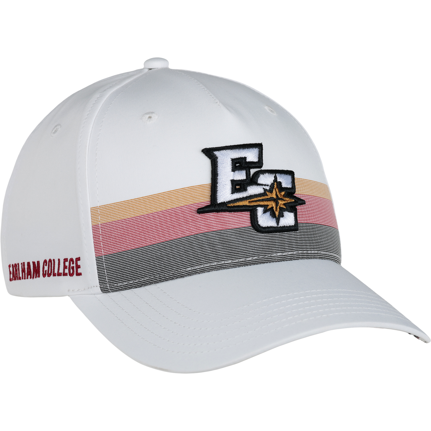 The EC Sideline Cap is a white baseball cap featuring “Earlham College” text on the side, a multicolored horizontal stripe pattern across the front, and a stylized EC logo with a star in the center.