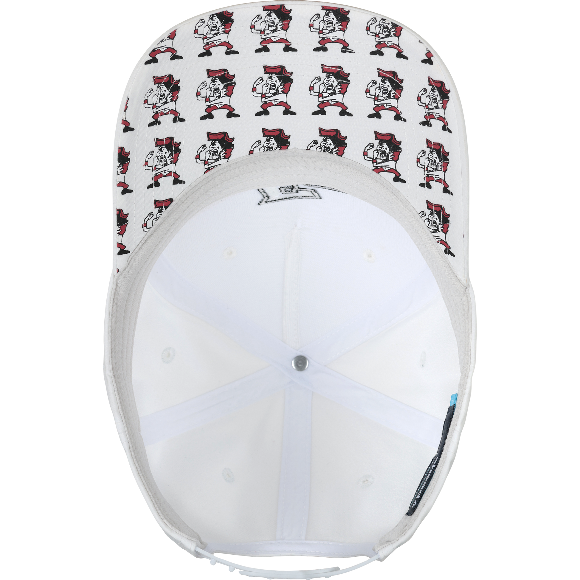 The EC Sideline Cap is a white baseball cap seen from below, featuring a brim adorned with repeated cartoon characters in red pants and a red scarf, each striking a pose with one hand on their hip and the other holding a hat.