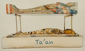 The Ta'an Sticker features a watercolor of an ancient Egyptian sarcophagus on a stand with a wrapped mummy below and "Ta'an" on the base—a unique die-cut sticker perfect for any collection.