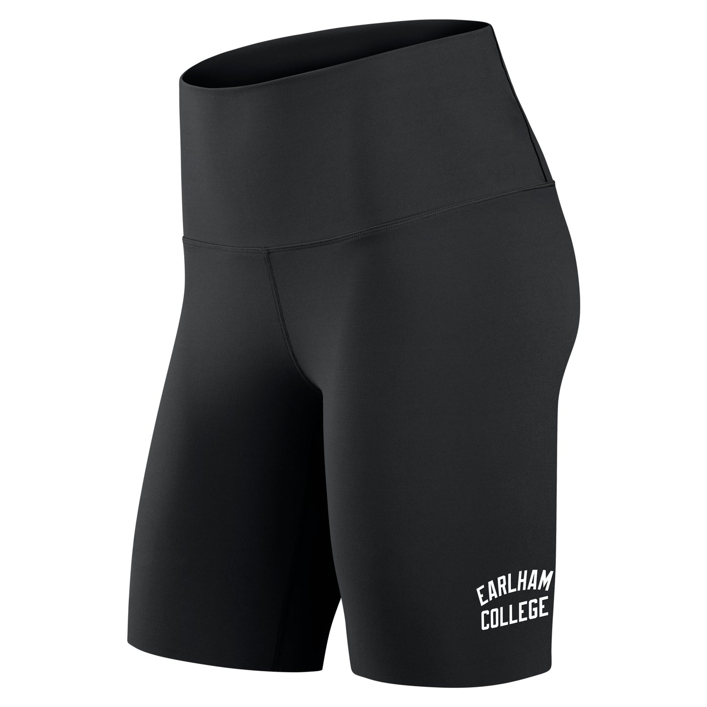 Nike One 7″ Shorts in black, featuring “Earlham College” printed in white on the lower left leg, displayed against a white background.