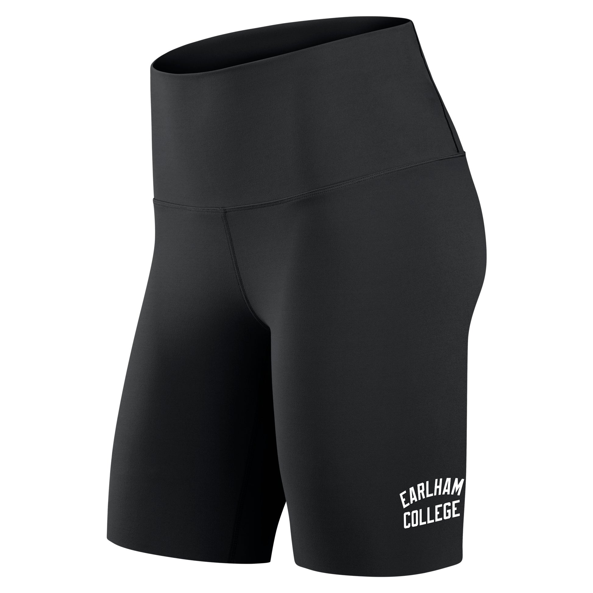 Nike One 7″ Shorts in black, featuring “Earlham College” printed in white on the lower left leg, displayed against a white background.