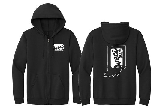 Front and back views of the WECI Hoodie. The front features a small WECI 91.5 FM logo on the chest, while the back displays a large WECI 91.5 FM logo set within an outline of Indiana.