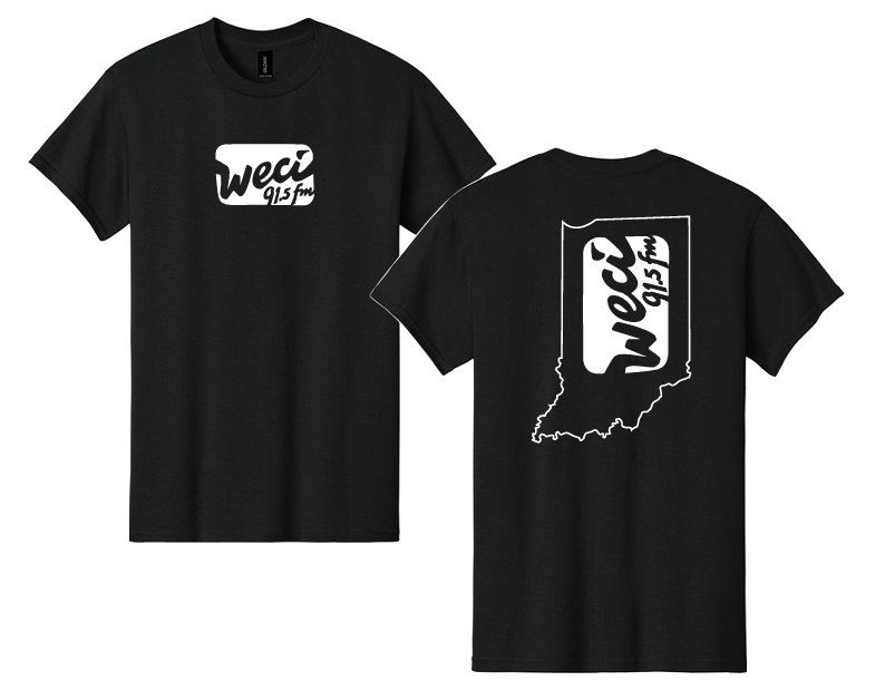 WECI T-Shirt: Black shirt featuring the WECI 91.5 fm logo in white on the front, with the logo in white inside an outline of Indiana on the back.