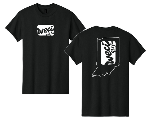 WECI T-Shirt: Black shirt featuring the WECI 91.5 fm logo in white on the front, with the logo in white inside an outline of Indiana on the back.