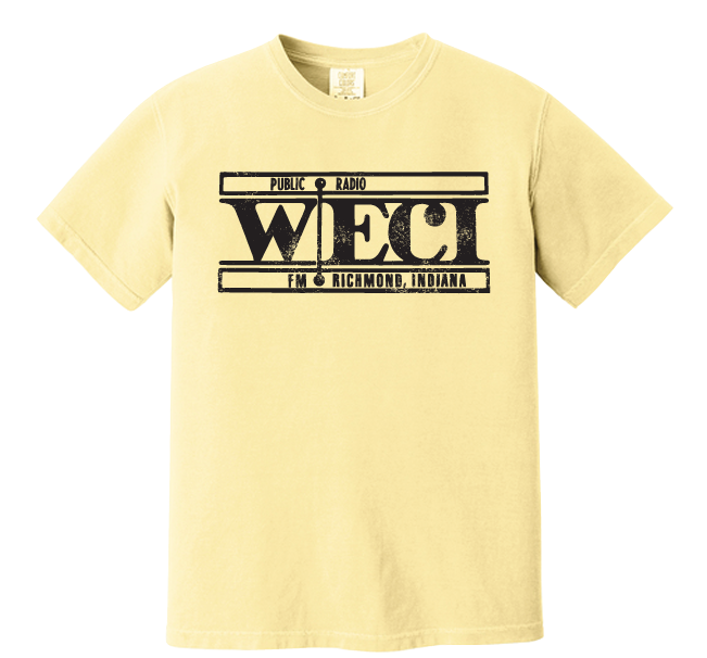 Vintage WECI T-Shirt in pale yellow with a bold black WECI logo, featuring “Public Radio” above and “FM & Richmond, Indiana” below.