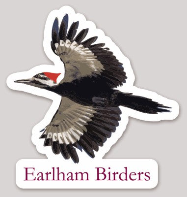 Sticker of a bird with 'Earlham Birders' text on a gray background