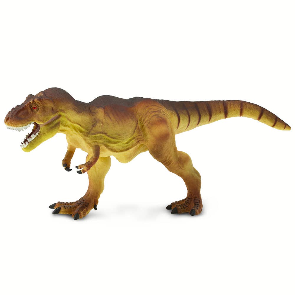 The Tyrannosaurus Rex Kids' Figurine Toy is a plastic model of a Tyrannosaurus rex, featuring brown and yellow coloring. It stands with its mouth open to reveal sharp teeth and displays small arms, set against a white background.