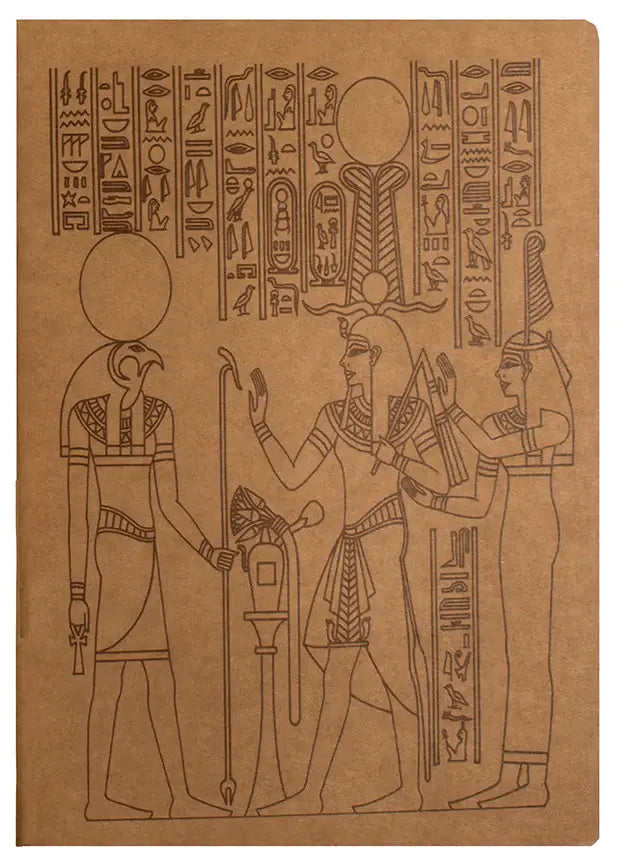 The Sketch Book Egyptian Horus & Maat - 6" x 8" features ancient-style drawings of three deities, including Horus and Maat in profile with headdresses and hieroglyphs, engraved on a brown cover by a skilled Cairo artisan.