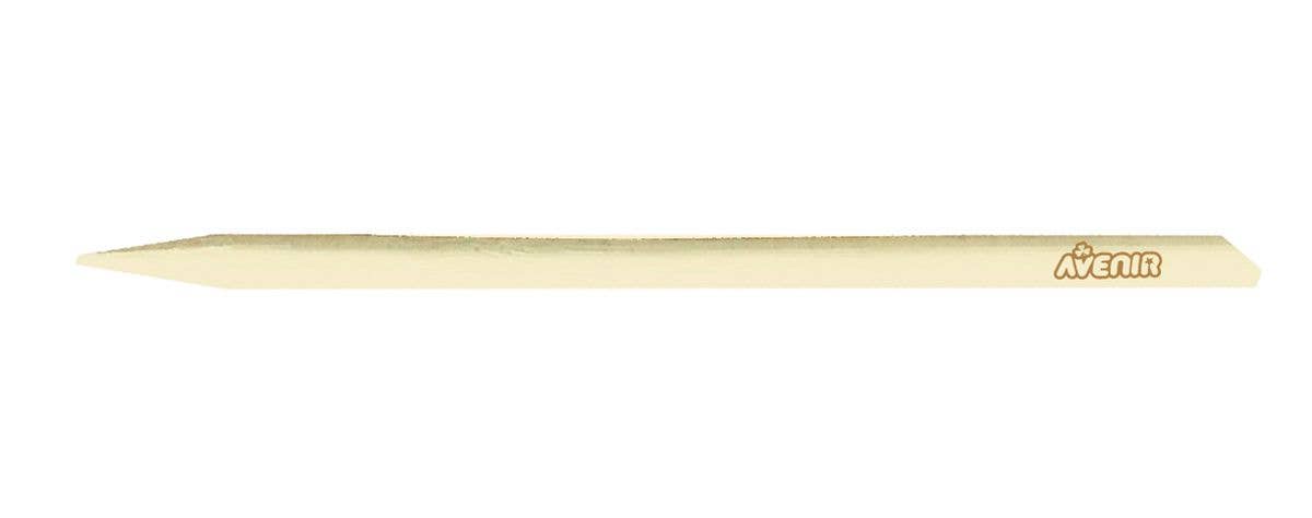 A beige wooden stick with a pointed end and "Avenir" printed on the other, ideal for Scratch Art with Stem SLOTHS, displayed on a white background.