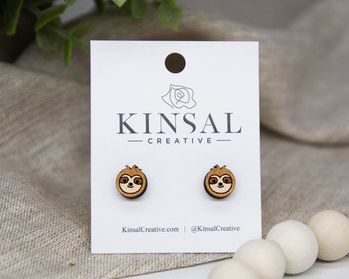 Sloth Face Wood Stud Earrings