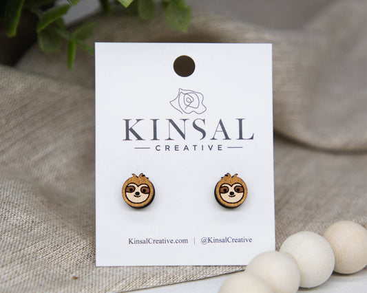 Sloth Face Wood Stud Earrings