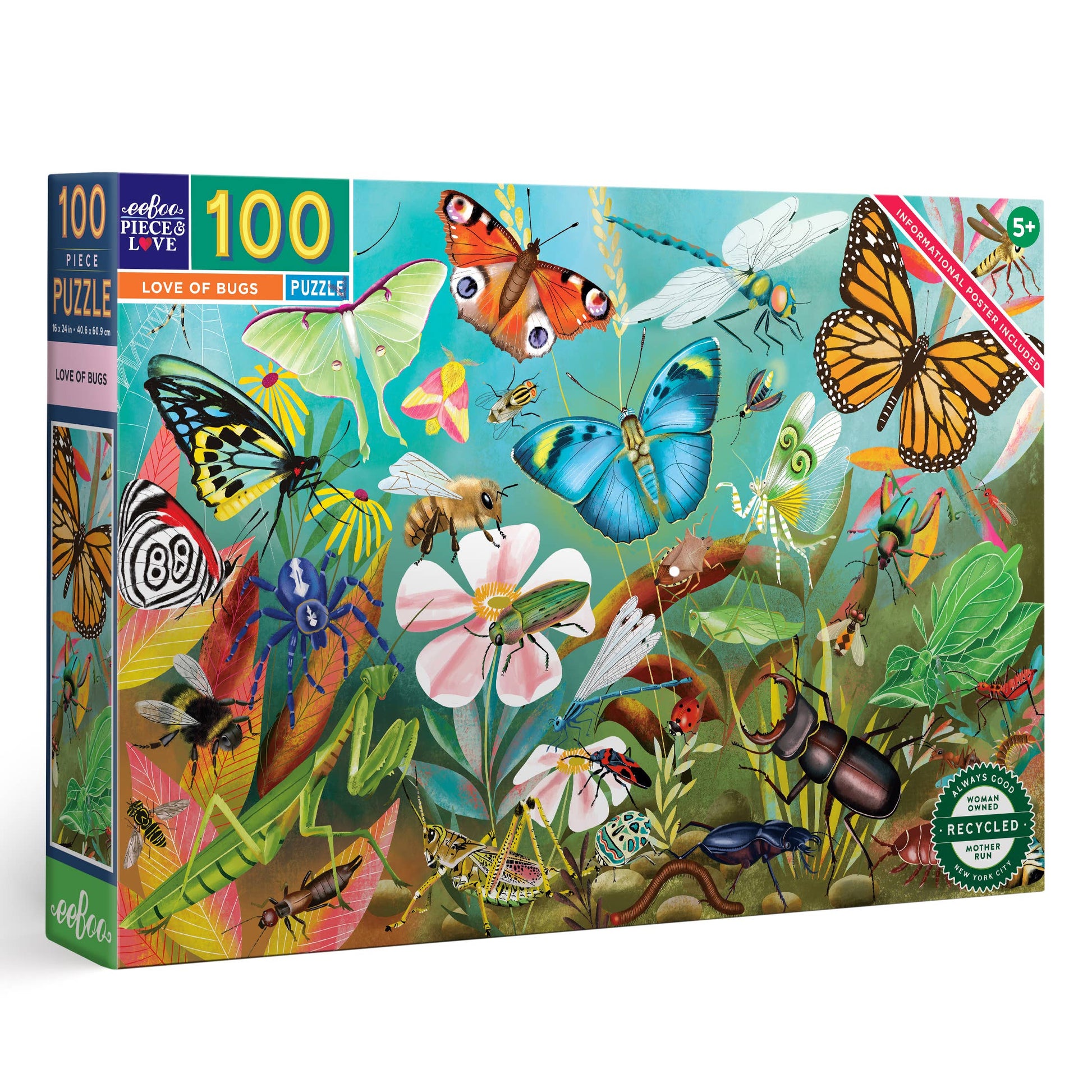 The Love of Bugs 100 Piece Puzzle showcases vibrant illustrations of butterflies, bees, dragonflies, and beetles among flowers, making it an educational and delightful jigsaw for kids who love charming bug and insect themes.