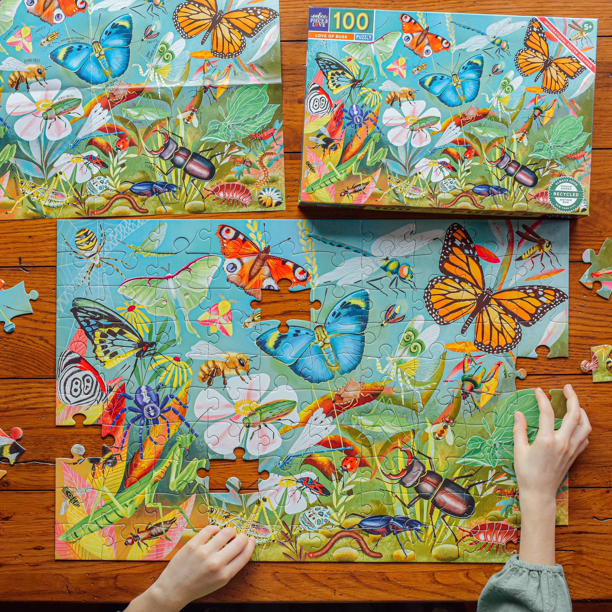A child assembles the Love of Bugs 100 Piece Puzzle, featuring colorful bugs, insects, flowers, and grass on a wooden table. The completed box appears above this delightful educational jigsaw puzzle.