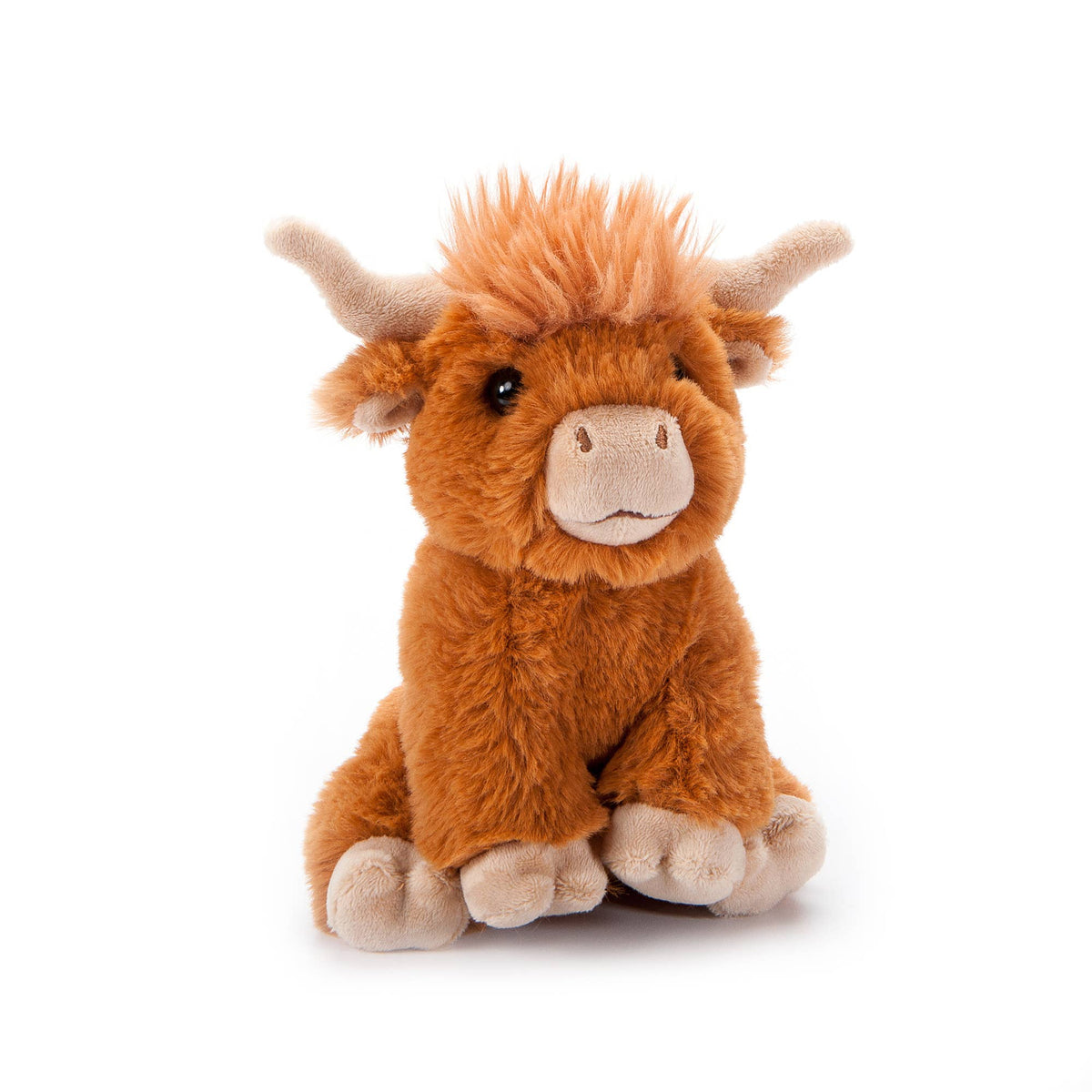 The Wild Onez Highland Cow 6″ (15cm) is an adorable plush toy featuring a brown body, beige horns and muzzle, and a tuft of orange fur on its head; this charming stuffed animal is perfect for adding a touch of farmhouse style to your nursery decor.