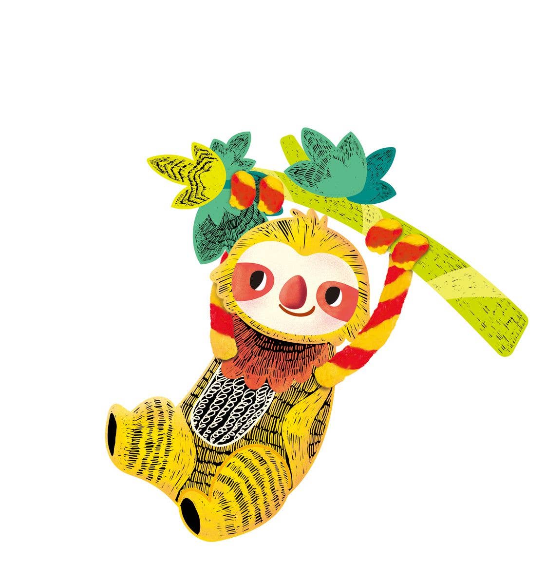Scratch Art with Stem SLOTHS features a playful, cartoon sloth with red and yellow fur hanging from a branch, smiling. Its bright colors and fun patterns on a white background make it perfect for any kids activity set.