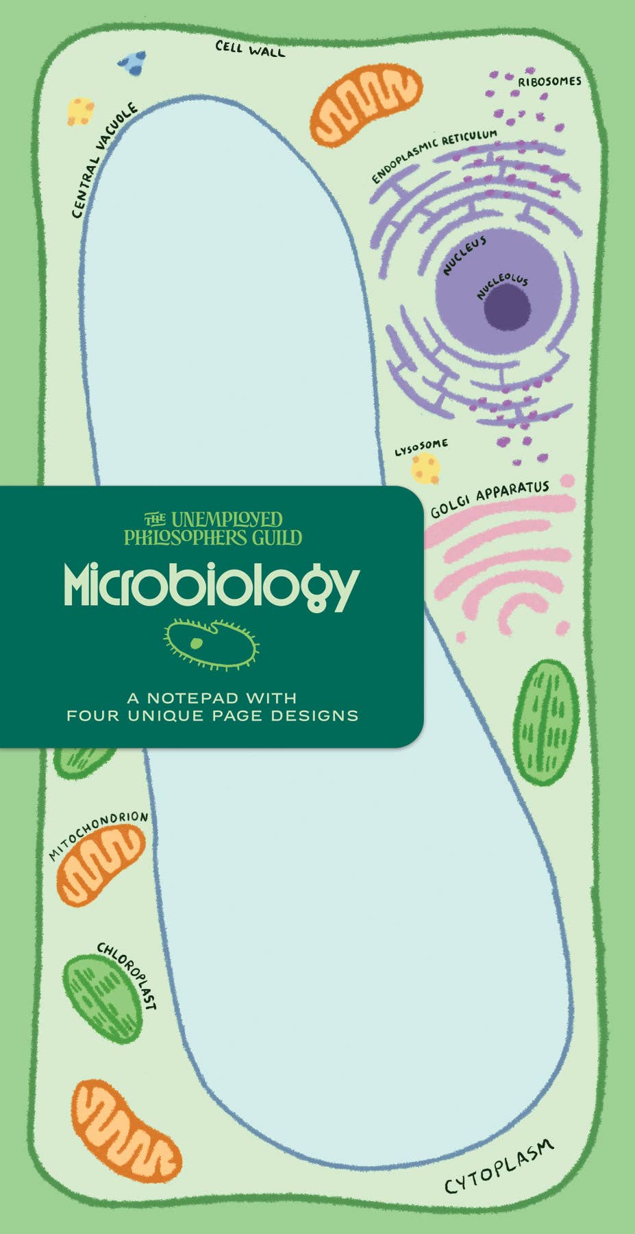 Illustration of a plant cell with labeled parts and a green Microbiology Notepad at the center. Features unique pages highlighting the central vacuole, nucleus, chloroplast, and more—perfect for microbiology studies.