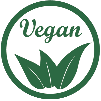 Circular green icon with the word Vegan written above an illustration of three leaves for PTEAsaurus (pterodactyl) Passion Fruit Tea, which is caffeine free.