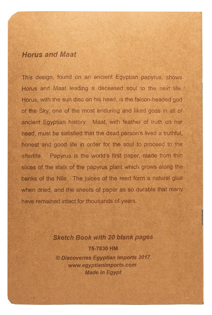 The Sketch Book Egyptian Horus & Maat - 6" x 8" features a unique cover with printed papyrus art of Horus and Maat, tan text explaining their significance, and a Cairo artisan credit at the bottom.