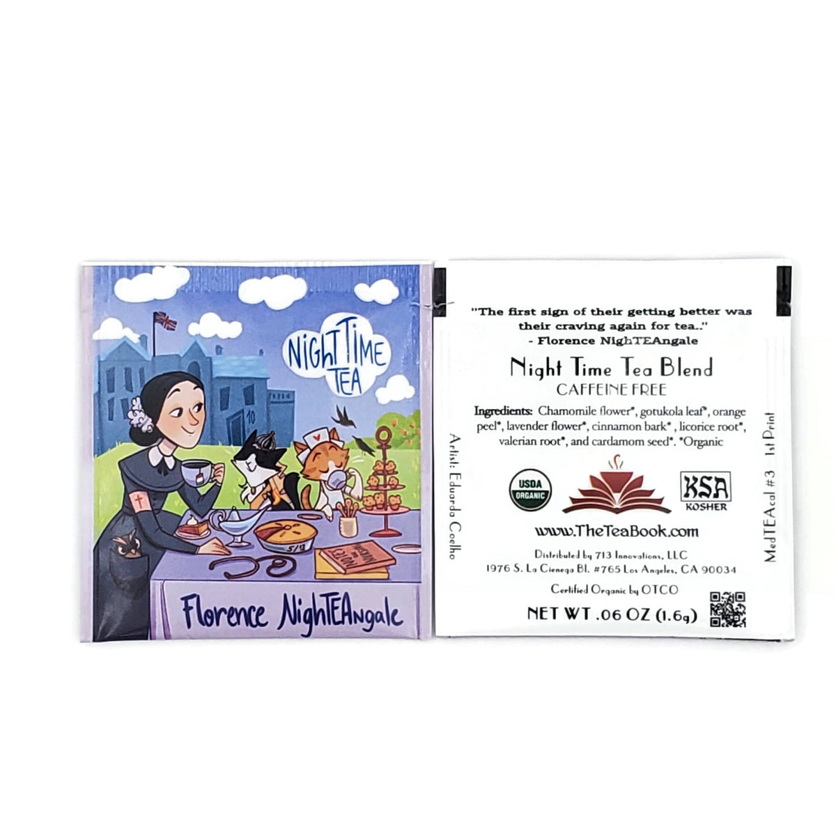 A Florence NightTEAngle: Organic Night Time Tea bag packet illustrating Florence Nightingale drinking chamomile tea with cat nurses, with the back side listing organic ingredients and company information.