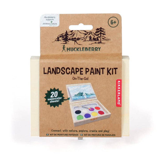 The Huckleberry Landscape Paint Kit is a portable watercolor set for ages 6+ with 20 watercolor sheets and a mini paint kit, all packaged in nature-inspired packaging featuring a mountain scene.