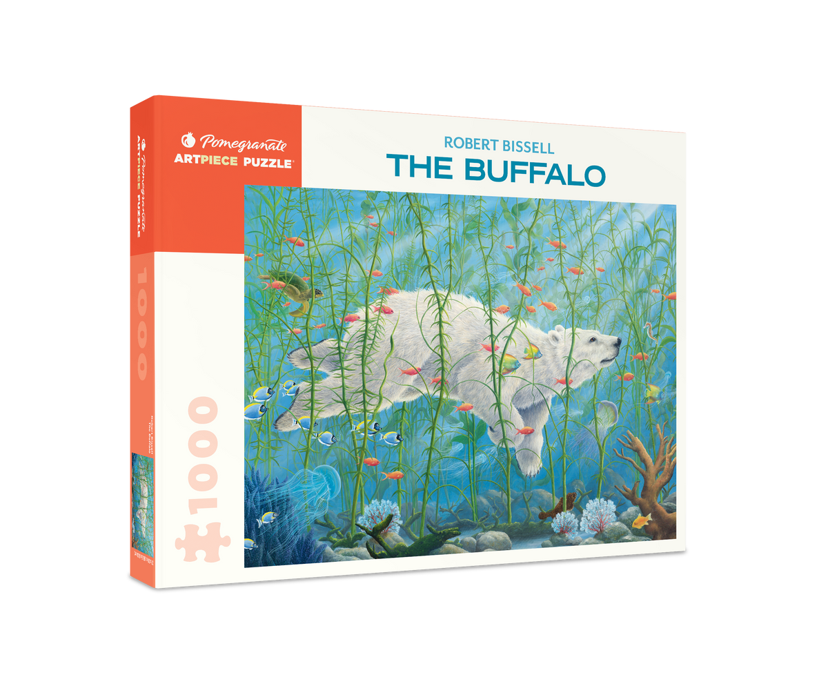 A 1000-piece Robert Bissell: The Buffalo jigsaw puzzle featuring a polar bear swimming through tall underwater seagrass with various fish, a sea turtle, and jellyfish.