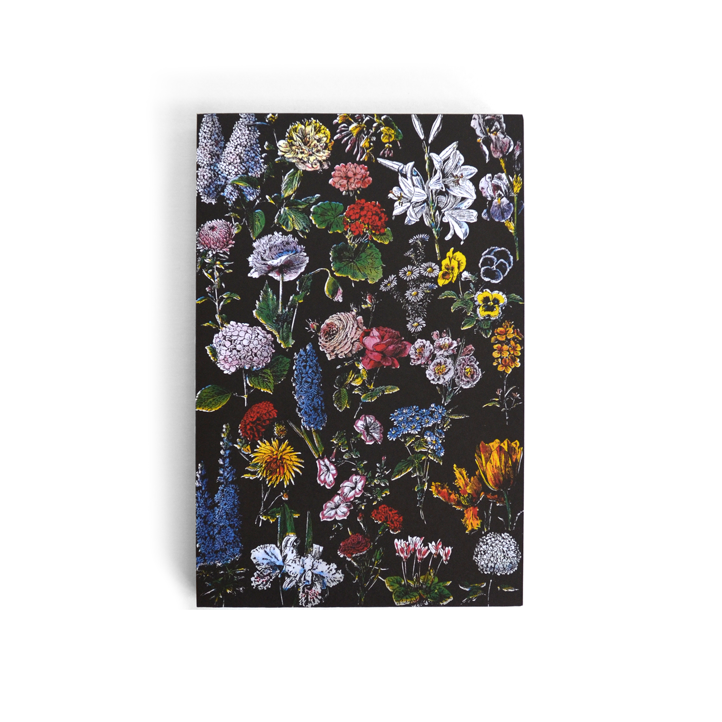 The Vintage Botanical Flower Garden Exposed Binding Notebook features a black cover with colorful, detailed flowers and green leaves—perfect as a Garden Journal for recording all your botanical inspirations.