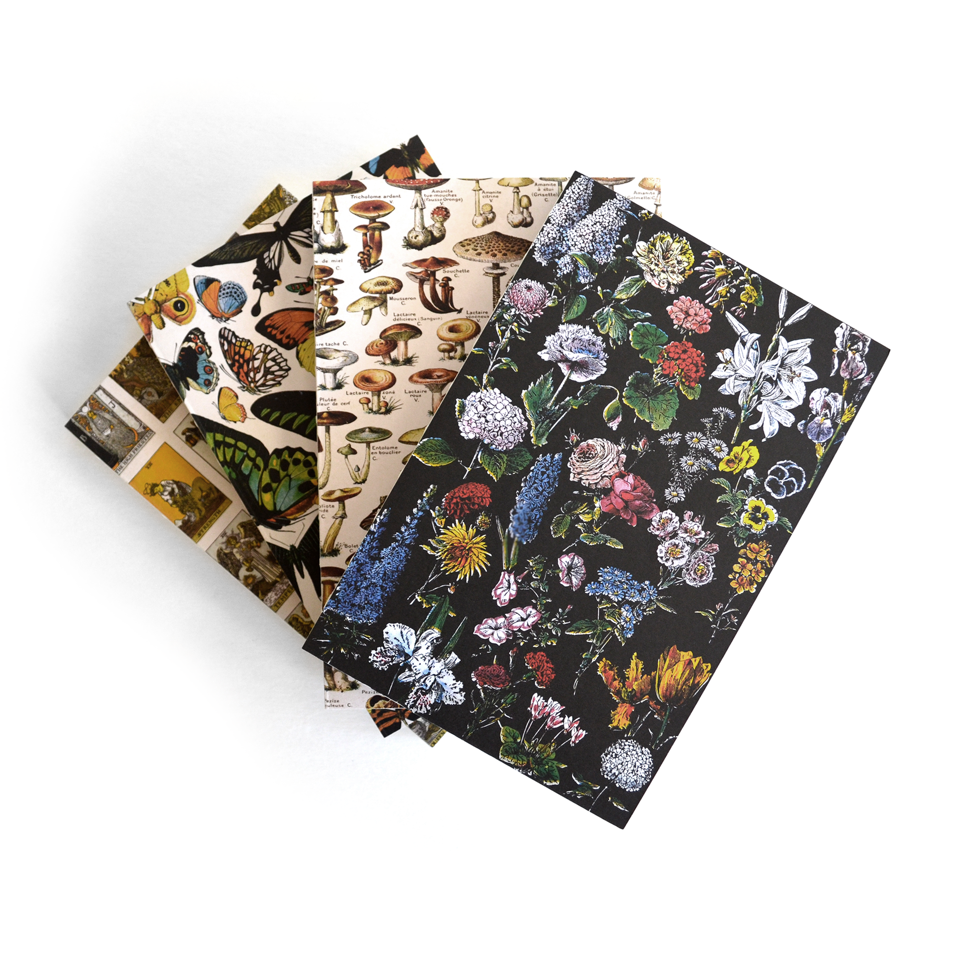 Four sheets of patterned paper—colorful butterflies, assorted mushrooms, vintage animals, and vibrant flowers on black—make this Vintage Botanical Flower Garden Exposed Binding Notebook perfect for your botanical journaling.