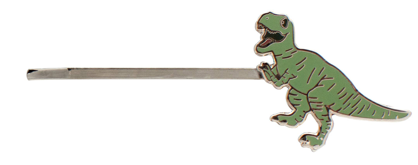 The Dinosaur Hair Pins feature a silver hairpin with a green cartoon T-Rex and a smiling face, making them perfect for anyone who loves cute dinosaur-themed hair accessories.