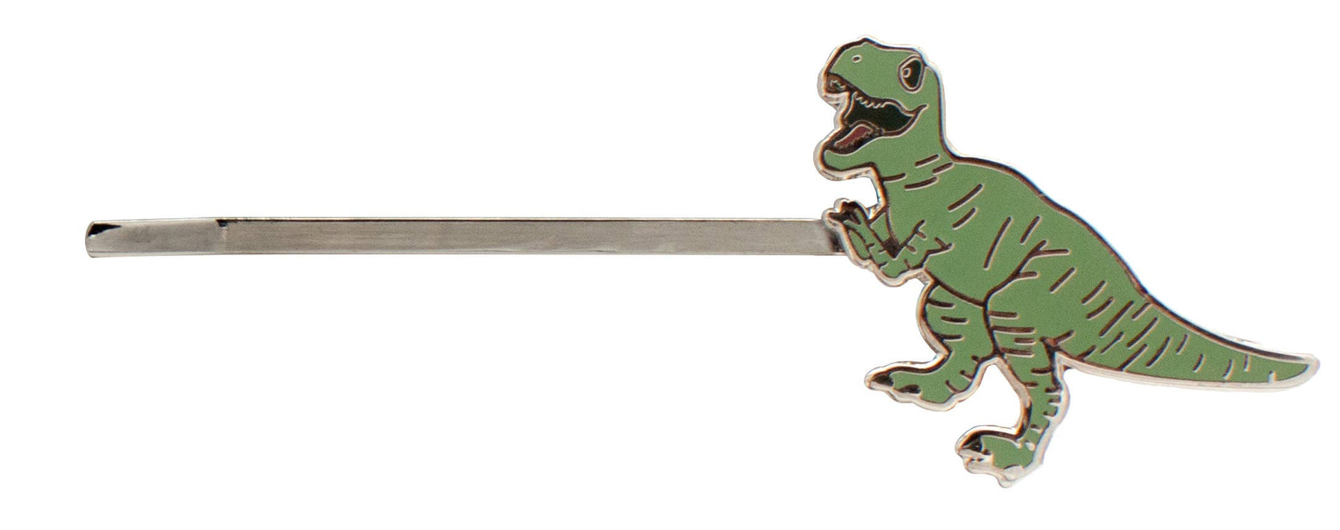 The Dinosaur Hair Pins feature a silver hairpin with a green cartoon T-Rex and a smiling face, making them perfect for anyone who loves cute dinosaur-themed hair accessories.