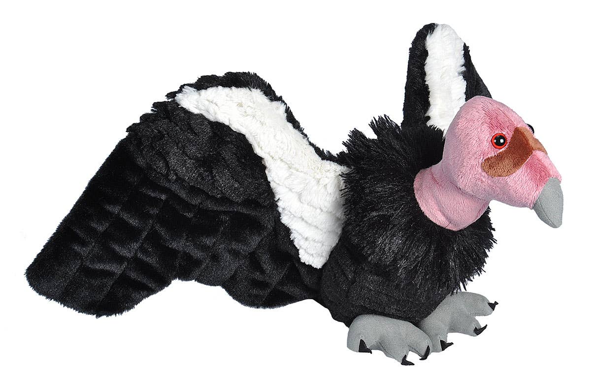 The California Condor Stuffed Animal 12" features black wings, a white stripe, a pink head, brown eyes, a gray beak, and gray feet—this lifelike plush toy captures every detail against a white background.