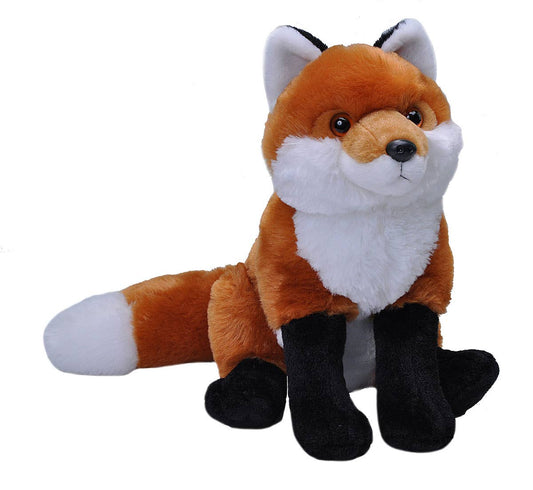 The Red Fox Stuffed Animal 12" features orange fur, a white chest and tail tip, black legs, and black-tipped ears, sitting upright against a white background.