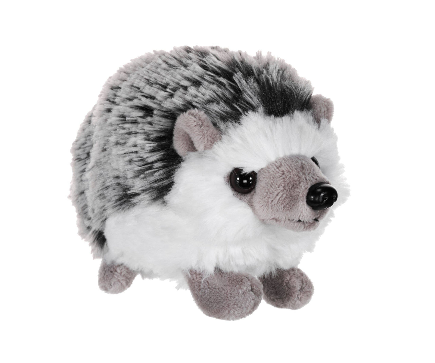The Pocketkins-ECO-Hedgehog Stuffed Animal 5" is a plush toy made from soft, gray and white recycled materials, featuring shiny black eyes and a round body, displayed against a white background.