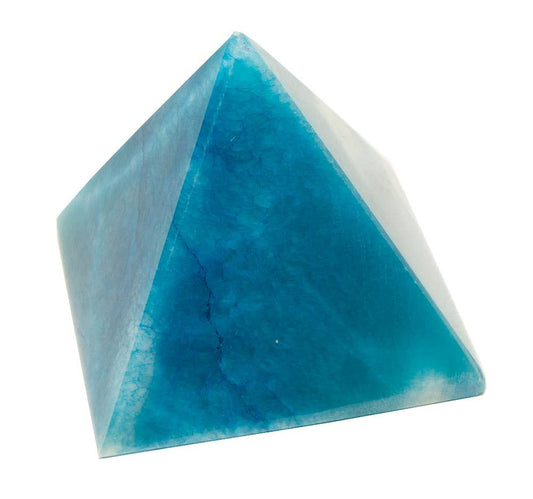 An Egyptian Alabaster Pyramid - Blue 3″, handcrafted in Egypt with a marbled texture, is displayed elegantly against a white background.