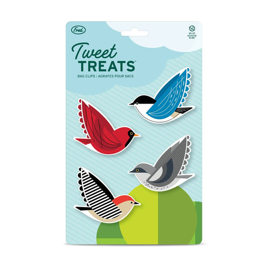 Tweet Treats - Bird Bag Clips - Set of 4, featuring four durable ABS plastic bird-shaped clips in red, blue, grey, and black-and-white patterned designs, presented on a display card.