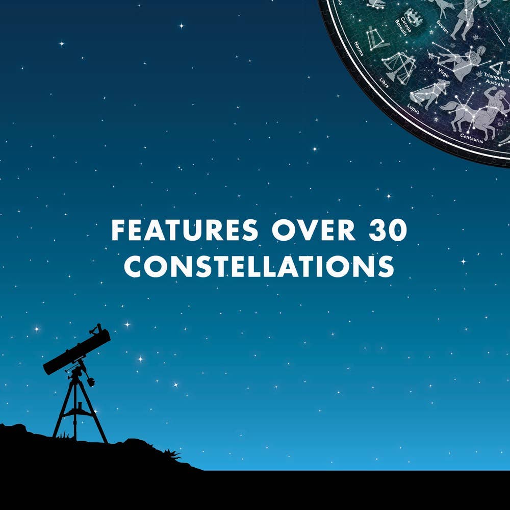A telescope on a hill beneath a starry sky sets the scene for the Map of the Stars 1000 Piece Jigsaw Puzzle, featuring over 30 constellations and a detailed circular star chart—ideal inspiration for your next celestial puzzle adventure.